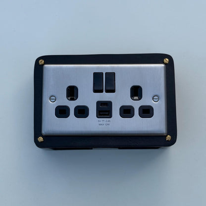 Brushed Steel Double Switched Solid Black Cast Metal Conduit 2-Gang Socket + 2.4A 12W 2 Outlet Type A & C USB Charger