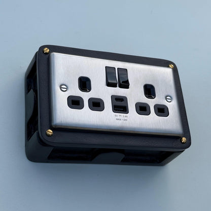 Brushed Steel Double Switched Solid Black Cast Metal Conduit 2-Gang Socket + 2.4A 12W 2 Outlet Type A & C USB Charger