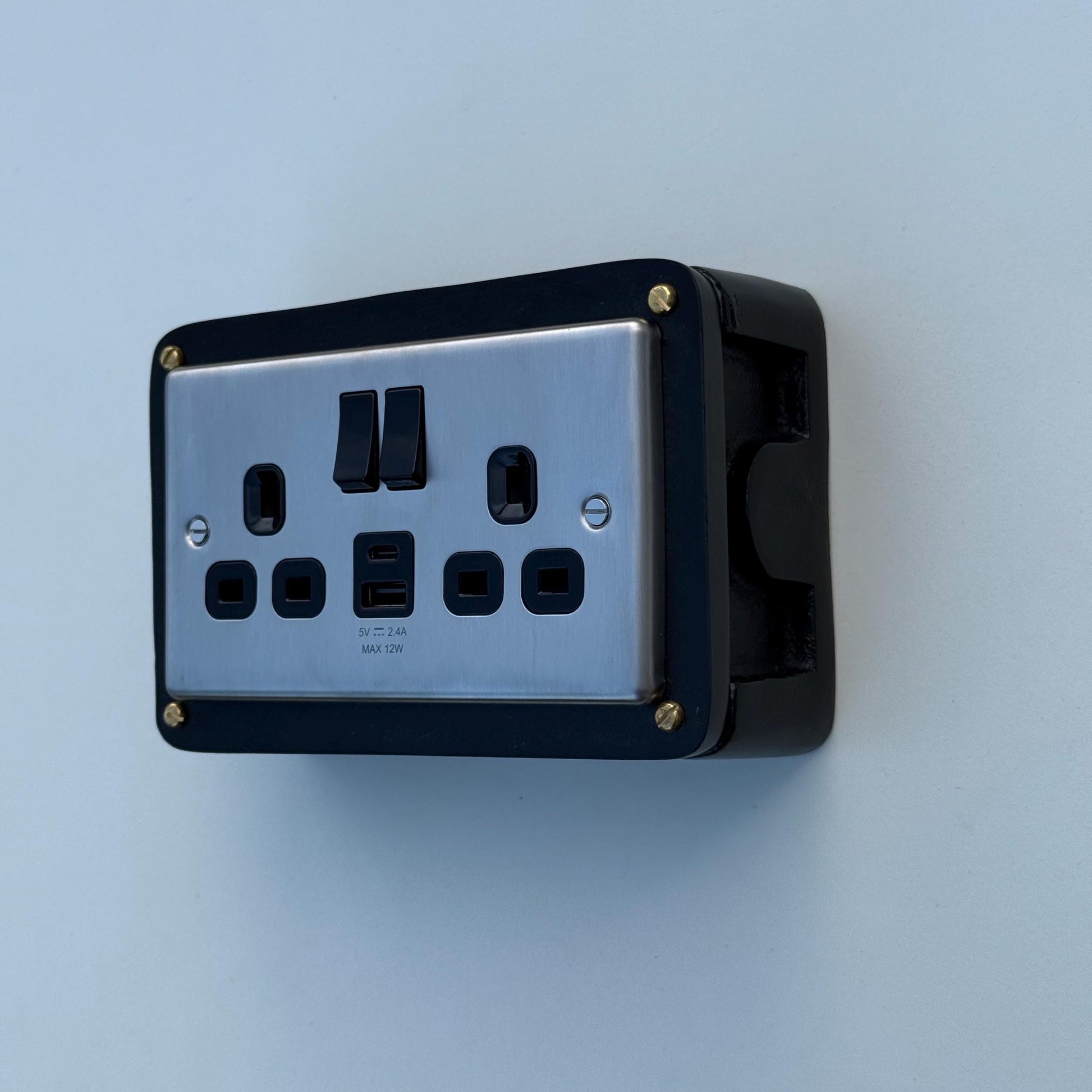 Brushed Steel Double Switched Solid Black Cast Metal Conduit 2-Gang Socket + 2.4A 12W 2 Outlet Type A & C USB Charger