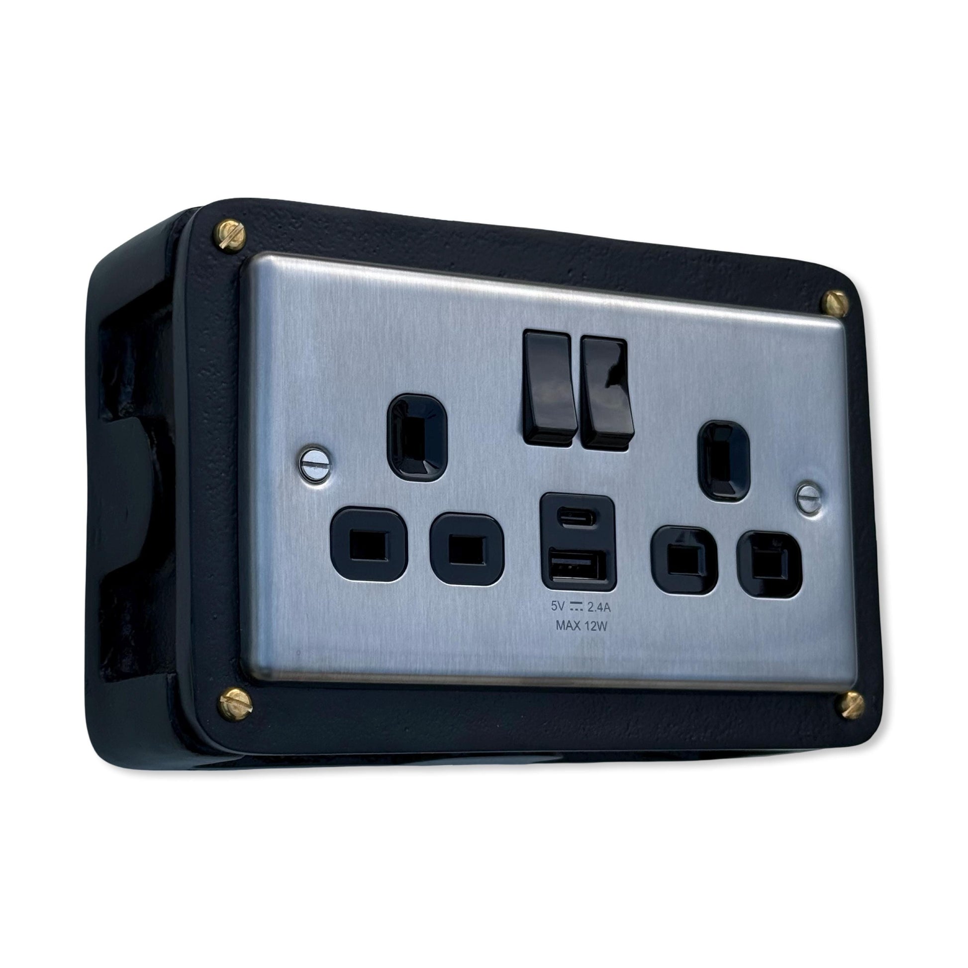 Brushed Steel Double Switched Solid Black Cast Metal Conduit 2-Gang Socket + 2.4A 12W 2 Outlet Type A & C USB Charger