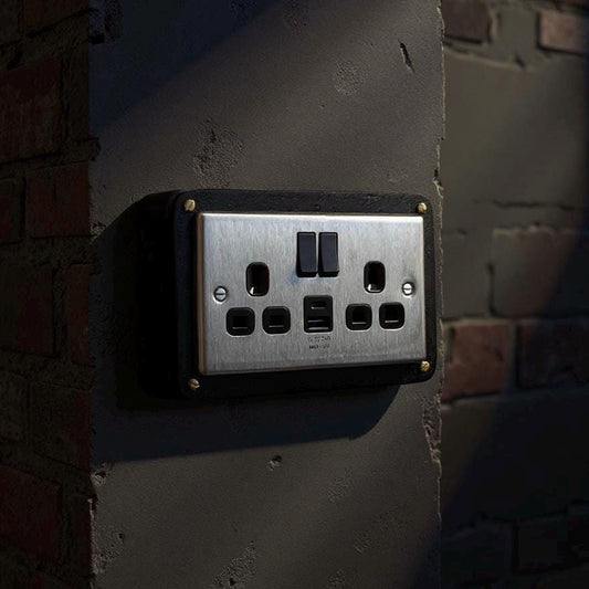 Brushed Steel Double Switched Solid Black Cast Metal Conduit 2-Gang Socket + 2.4A 12W 2 Outlet Type A & C USB Charger