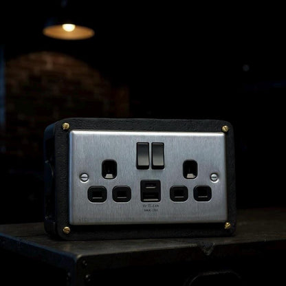 Brushed Steel Double Switched Solid Black Cast Metal Conduit 2-Gang Socket + 2.4A 12W 2 Outlet Type A & C USB Charger