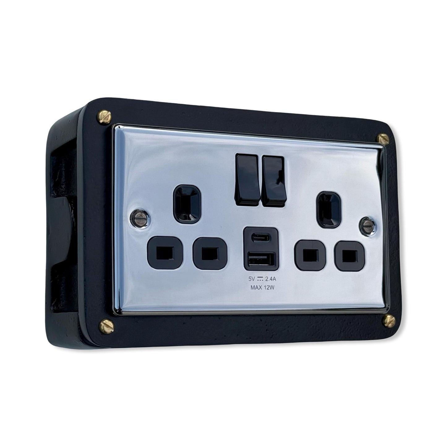 Black Double Switched Black Nickel Power Socket 230V 2 Gang Solid Cast Metal Conduit Switch