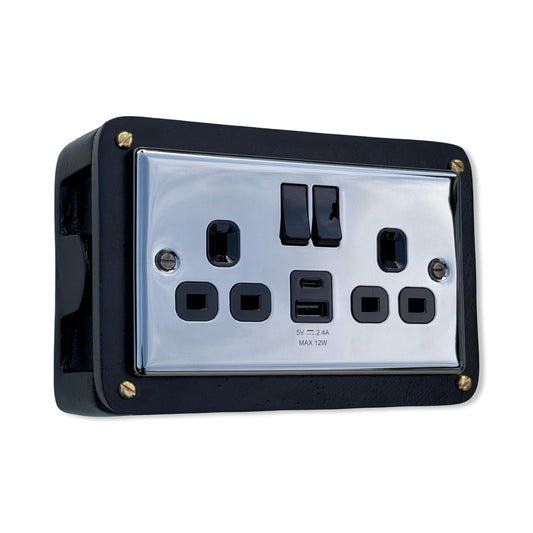 Black Double Switched Black Nickel Power Socket 230V 2 Gang Solid Cast Metal Conduit Switch