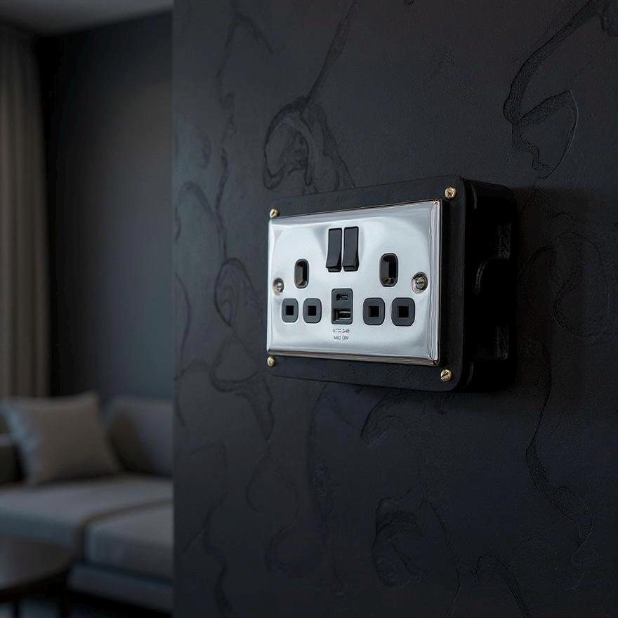 Black Double Switched Black Nickel Power Socket 230V 2 Gang Solid Cast Metal Conduit Switch