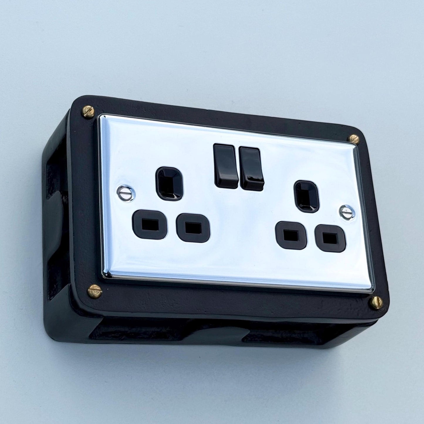 Black Double Switched Black Nickel Power Socket 230V 2 Gang Solid Cast Metal Conduit Switch