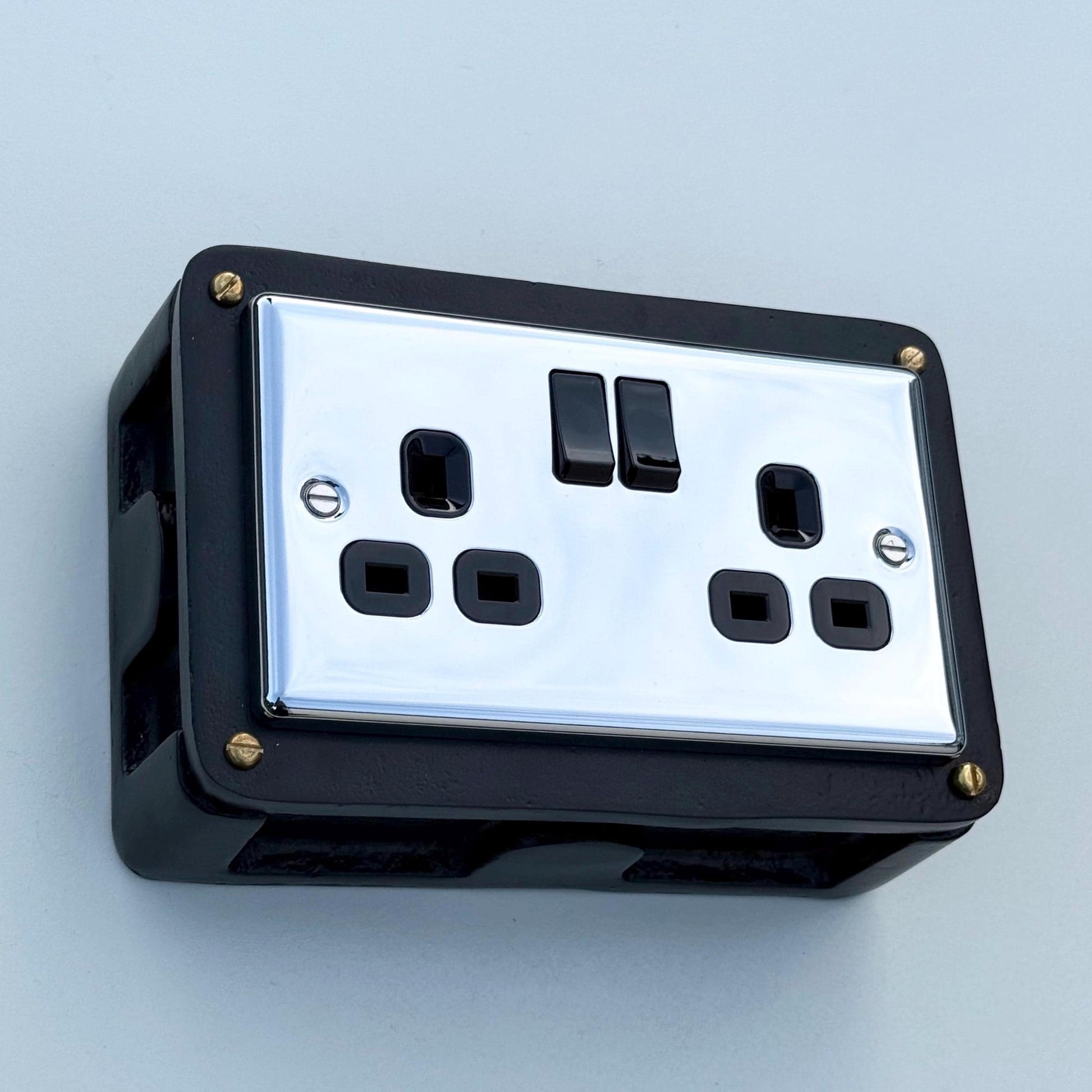 Black Double Switched Black Nickel Power Socket 230V 2 Gang Solid Cast Metal Conduit Switch