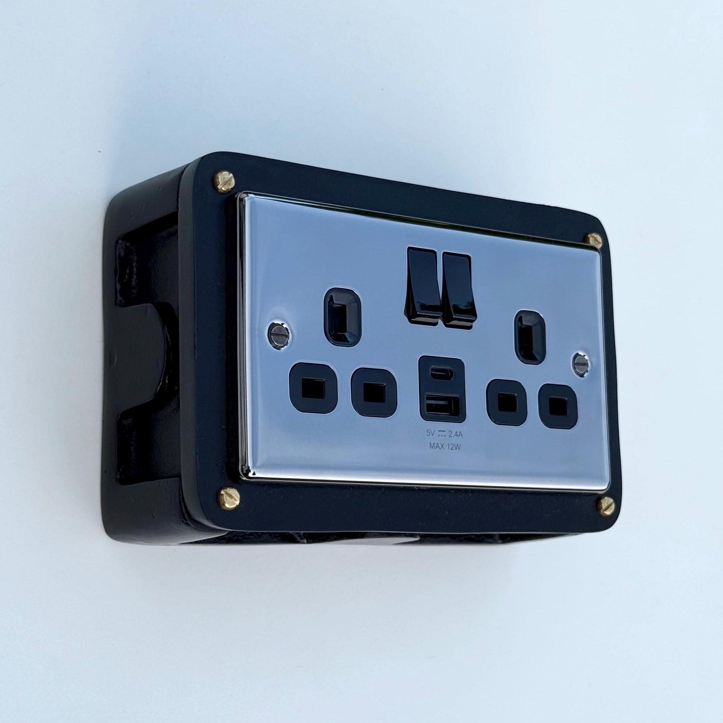 Black Double Switched Black Nickel Power Socket 230V 2 Gang Solid Cast Metal Conduit Switch