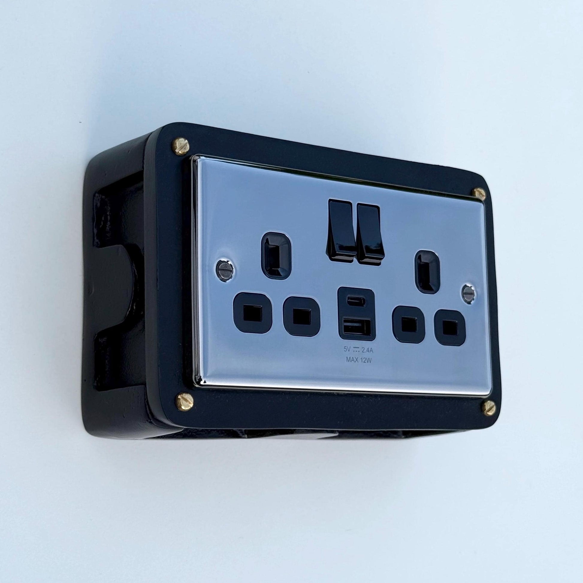 Black Double Switched Black Nickel Power Socket 230V 2 Gang Solid Cast Metal Conduit Switch