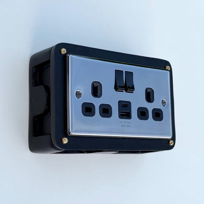 Black Double Switched Black Nickel Power Socket 230V 2 Gang Solid Cast Metal Conduit Switch