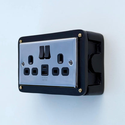 Black Double Switched Black Nickel Power Socket 230V 2 Gang Solid Cast Metal Conduit Switch