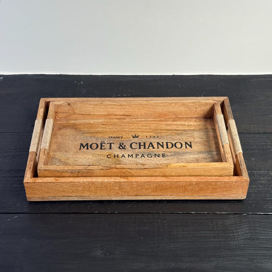 Moët & Chandon Wooden Serving Trays Champagne Butlers Rectangular Natural Finish