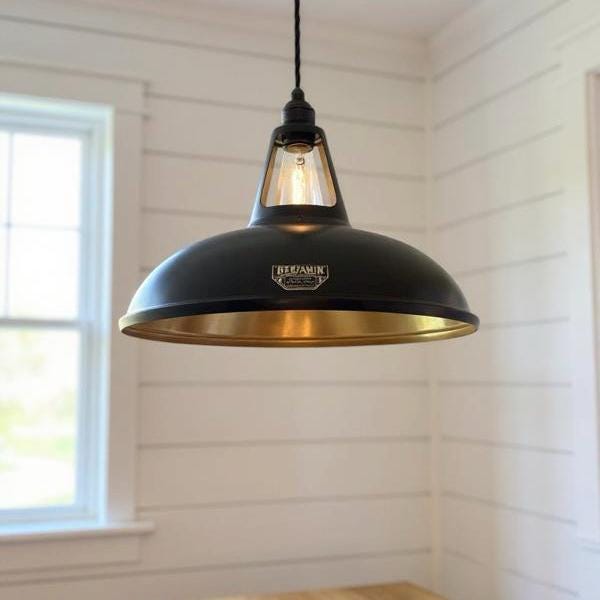 Cawston XL ~ Matt Black & Antique Brass Lampshade Slotted Design Pendant Ceiling Light ~ 11 Inch
