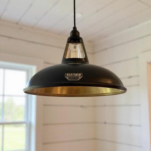 Cawston XL ~ Matt Black & Antique Brass Lampshade Slotted Design Pendant Ceiling Light ~ 11 Inch