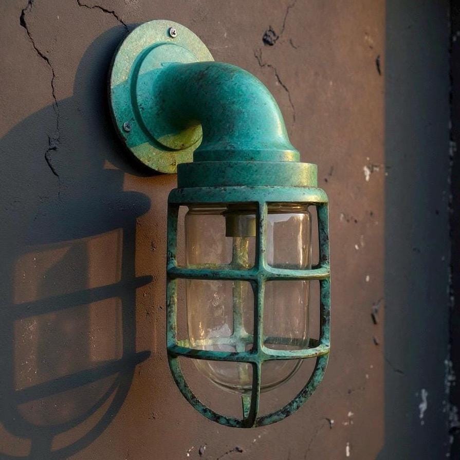 Beachamwell ~ Solid Brass Verdigris Bulkhead Outdoor & Bathroom Sconce Wall Light | 10.5 Inch
