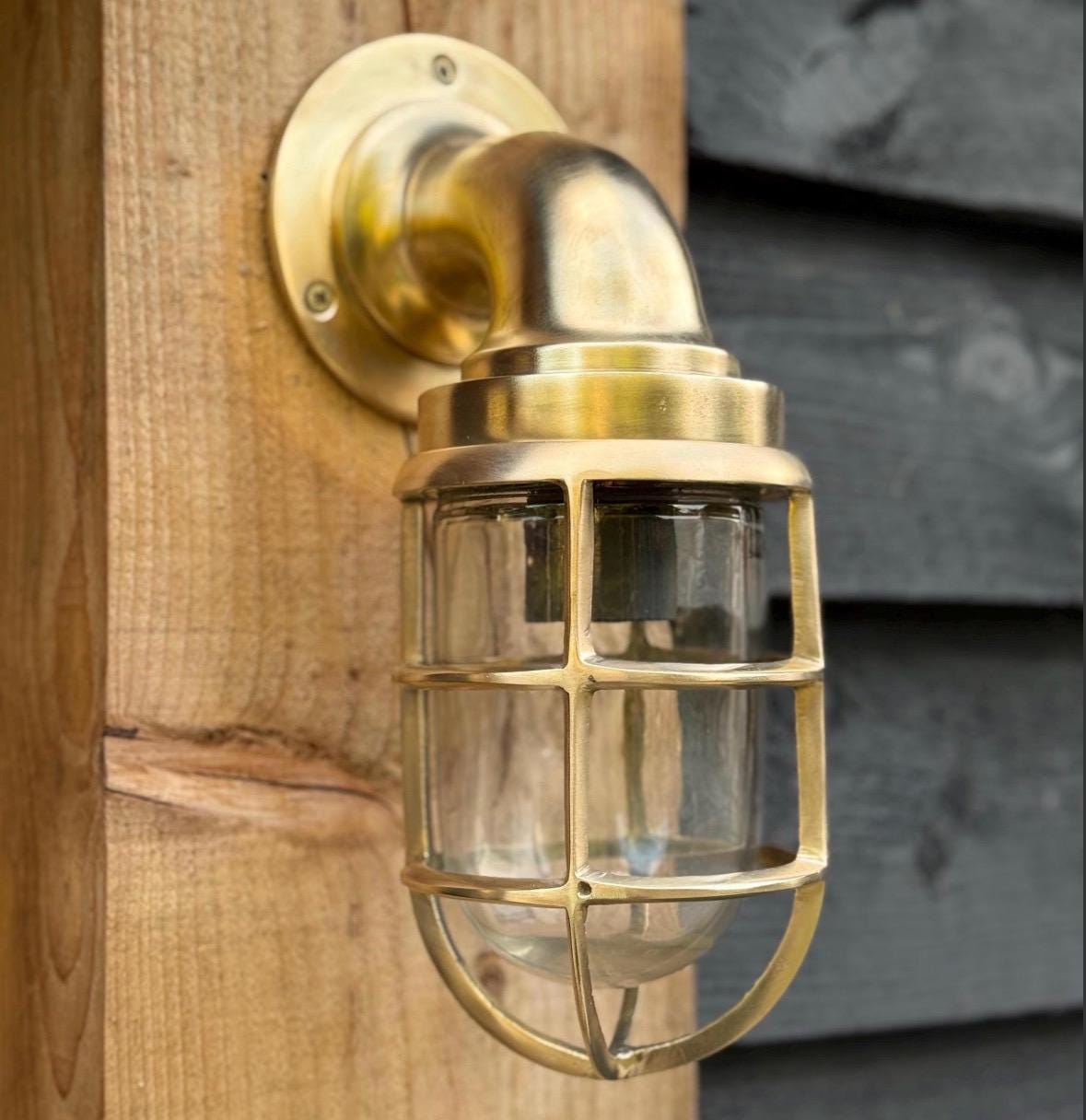 Beachamwell ~ Raw Solid Brass Sawn Neck Outdoor & Bathroom Wall Bulkhead Light ~ 10.5 Inch