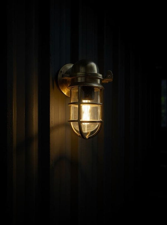 Happisburgh ~ Solid Brass Sconce Swan Neck Industrial Cargo Ship Marine Outdoor Bulkhead Hand Crafted Wall Light Nautical **Factory Second**