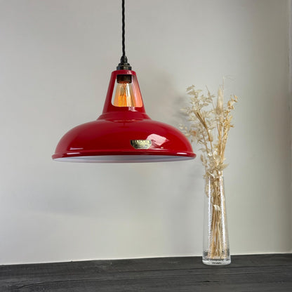 Cawston XL ~ **Worn** British Red Solid Shade Slotted Design Pendant Set Light ~ 14 Inch