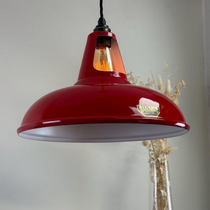Cawston XL ~ **Worn** British Red Solid Shade Slotted Design Pendant Set Light ~ 14 Inch