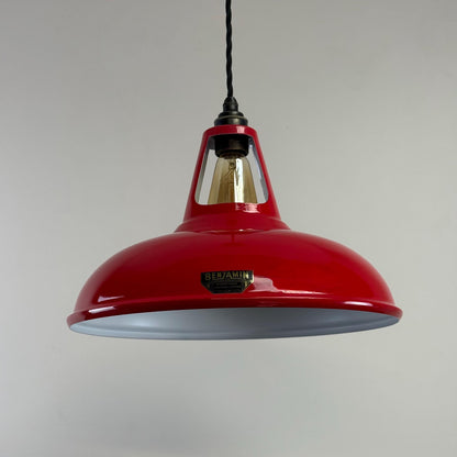Cawston XL ~ **Worn** British Red Solid Shade Slotted Design Pendant Set Light ~ 14 Inch