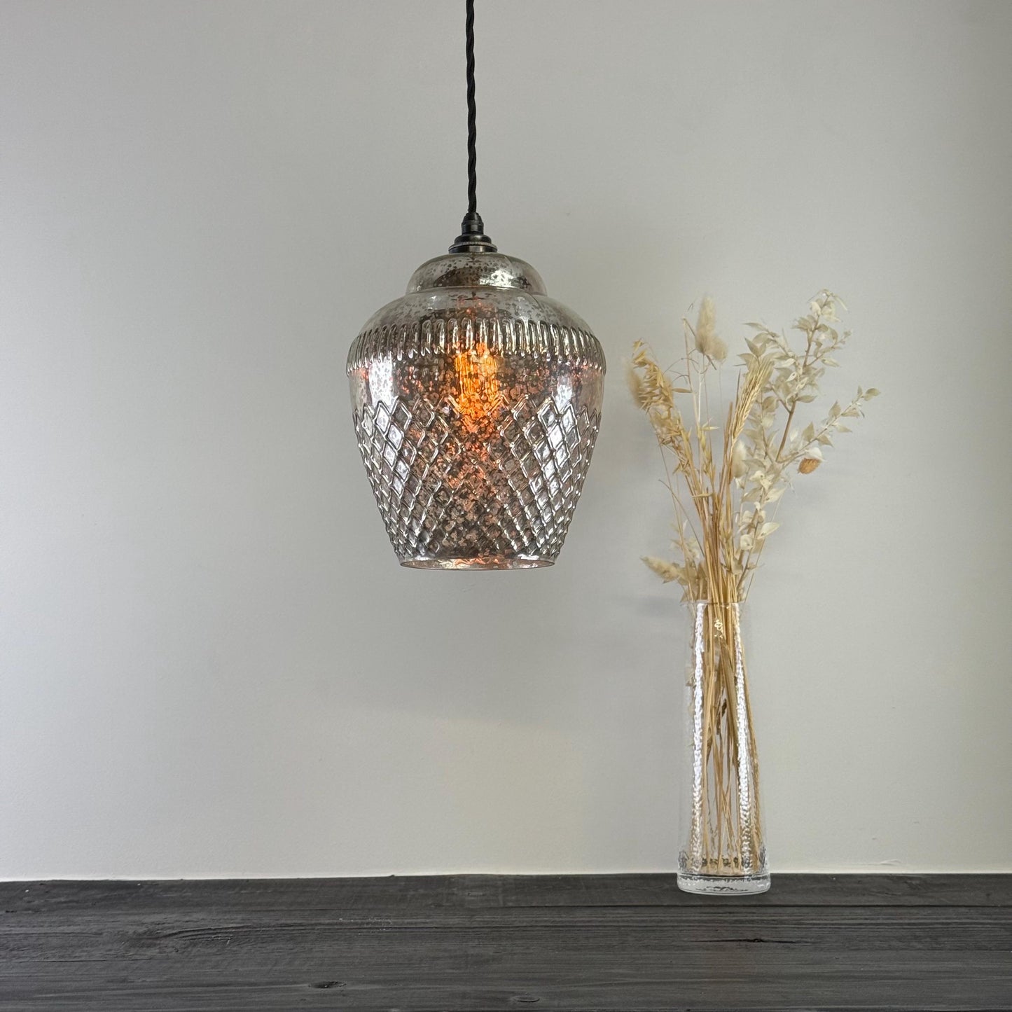 Vintage Mercury Glass Pendant Light Handcrafted Diamond Cut Hanging Lamp