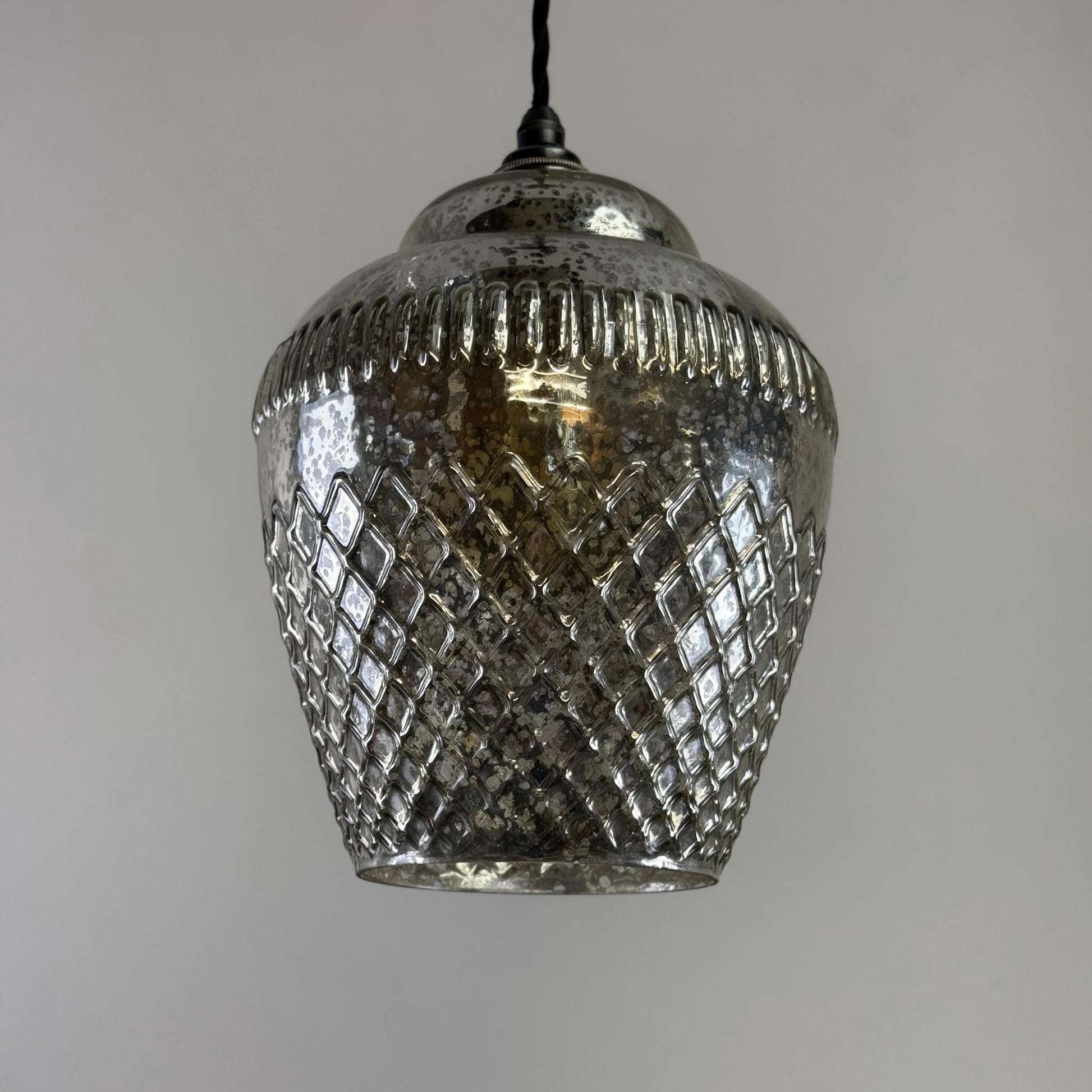 Vintage Mercury Glass Pendant Light Handcrafted Diamond Cut Hanging Lamp