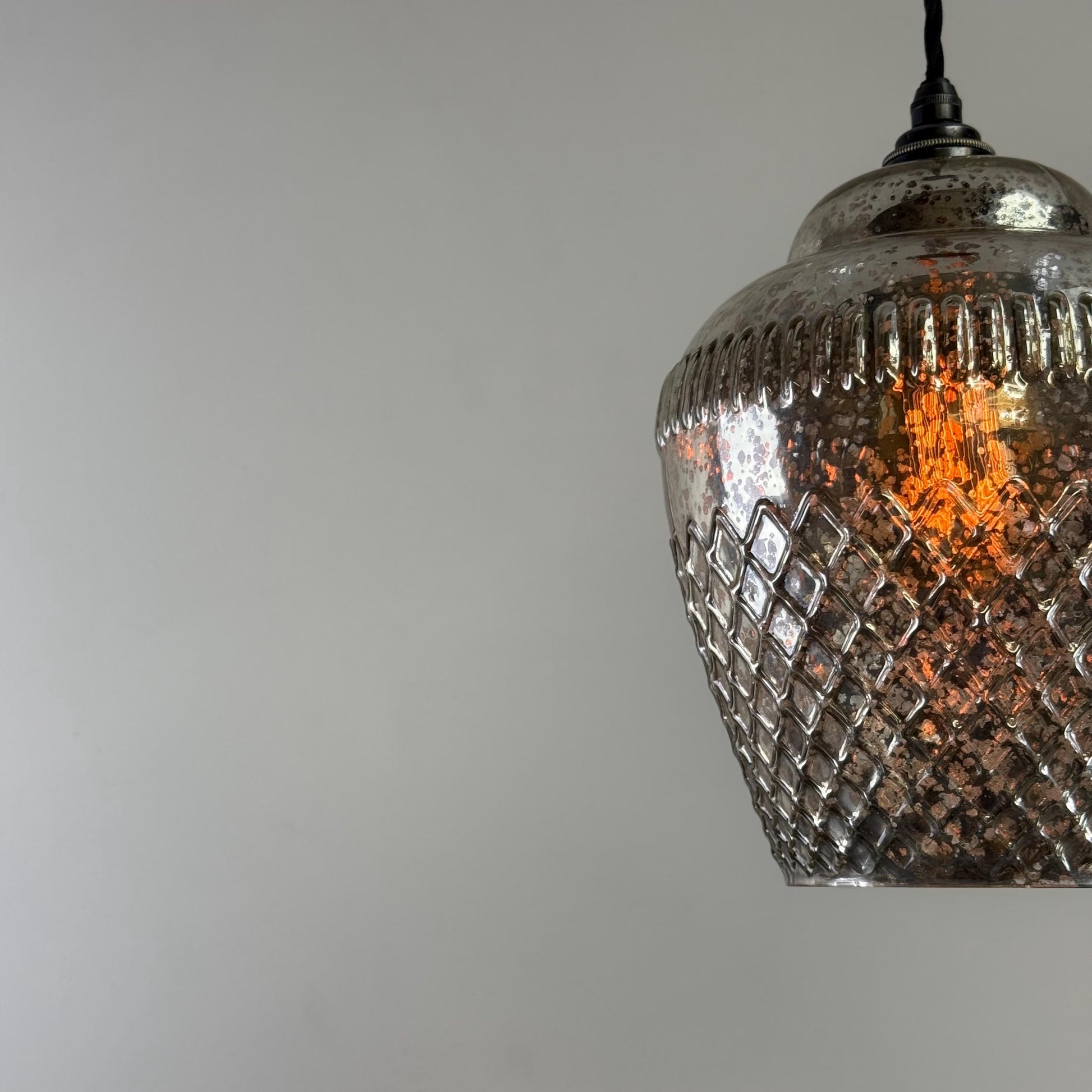 Vintage Mercury Glass Pendant Light Handcrafted Diamond Cut Hanging Lamp