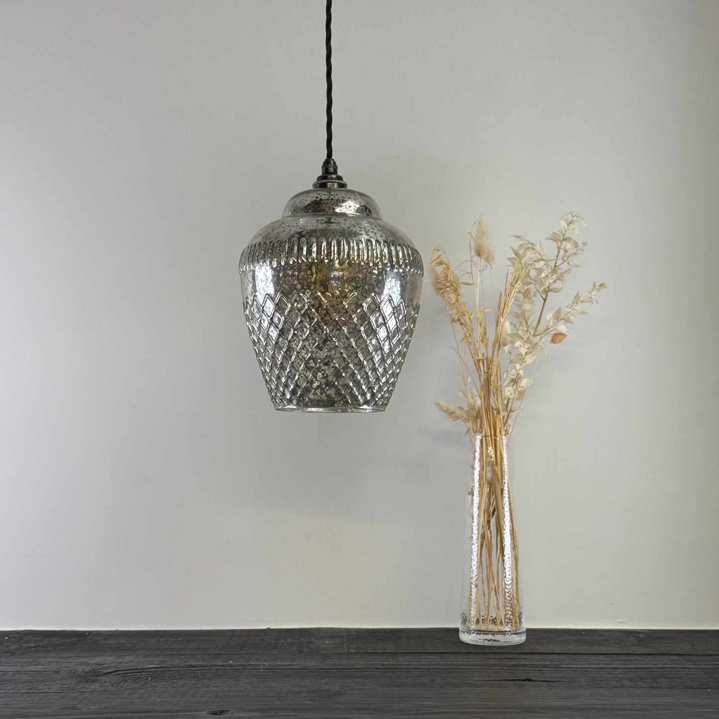 Vintage Mercury Glass Pendant Light Handcrafted Diamond Cut Hanging Lamp