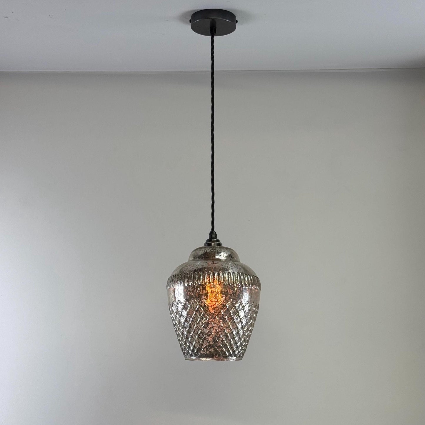 Vintage Mercury Glass Pendant Light Handcrafted Diamond Cut Hanging Lamp