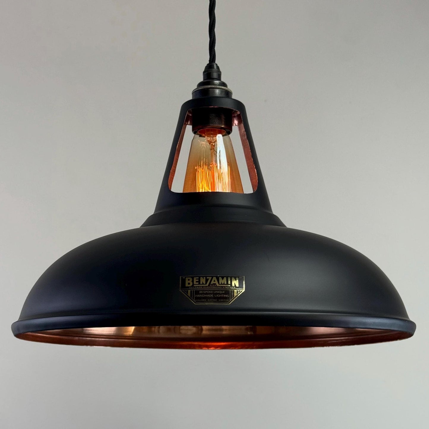 Cawston XL ~ Matt Black & Solid Copper Lampshade Slotted Design Pendant Ceiling Light ~ 14 Inch
