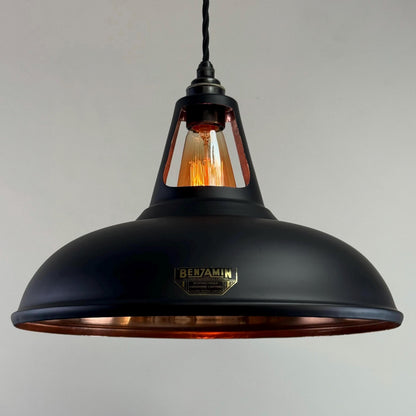 Cawston XL ~ Matt Black & Solid Copper Lampshade Slotted Design Pendant Ceiling Light ~ 14 Inch