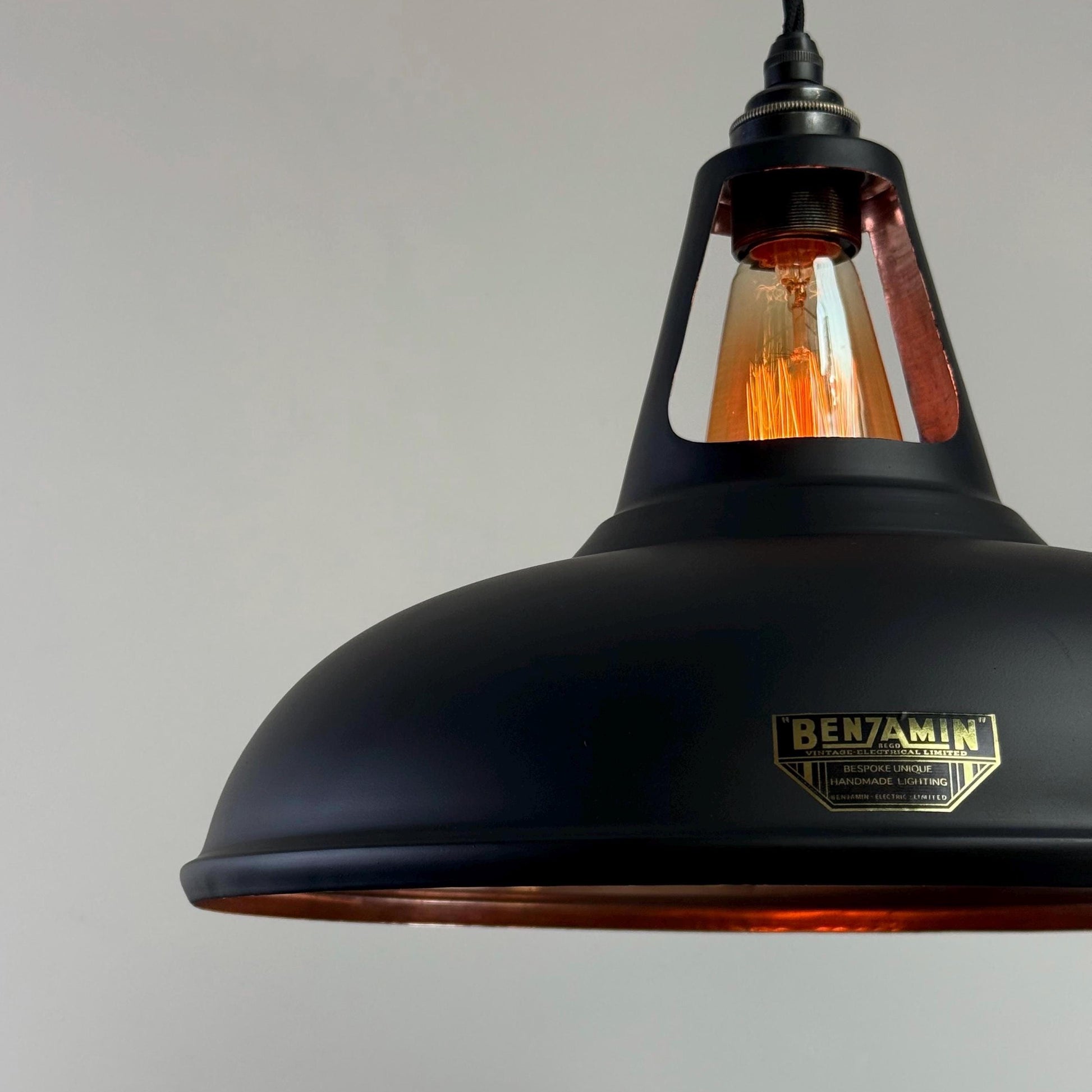 Cawston XL ~ Matt Black & Solid Copper Lampshade Slotted Design Pendant Ceiling Light ~ 14 Inch