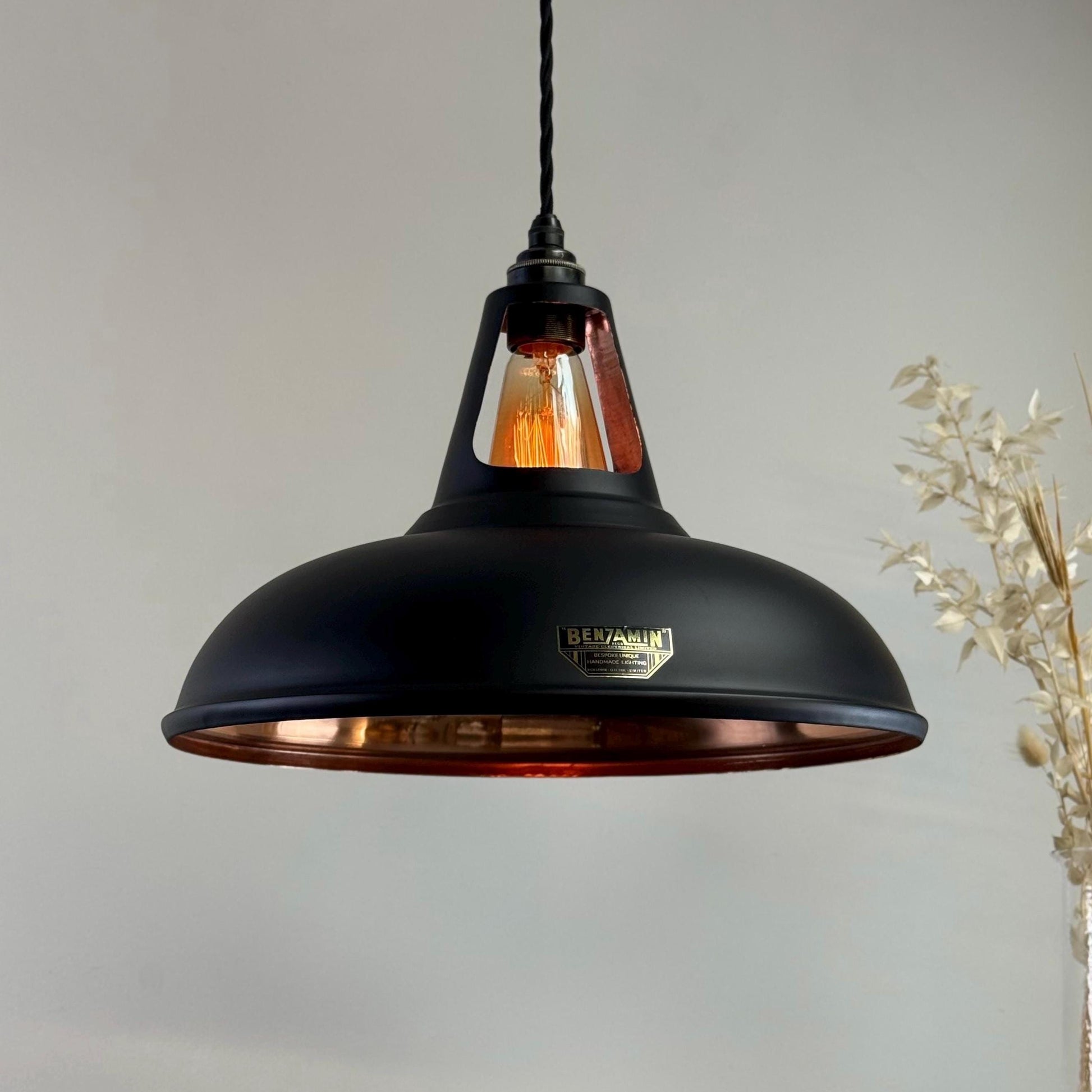Cawston XL ~ Matt Black & Solid Copper Lampshade Slotted Design Pendant Ceiling Light ~ 14 Inch
