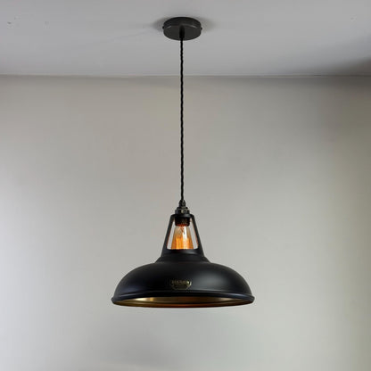 Cawston XL ~ Matt Black & Antique Brass Lampshade Slotted Design Pendant Ceiling Light ~ 14 Inch