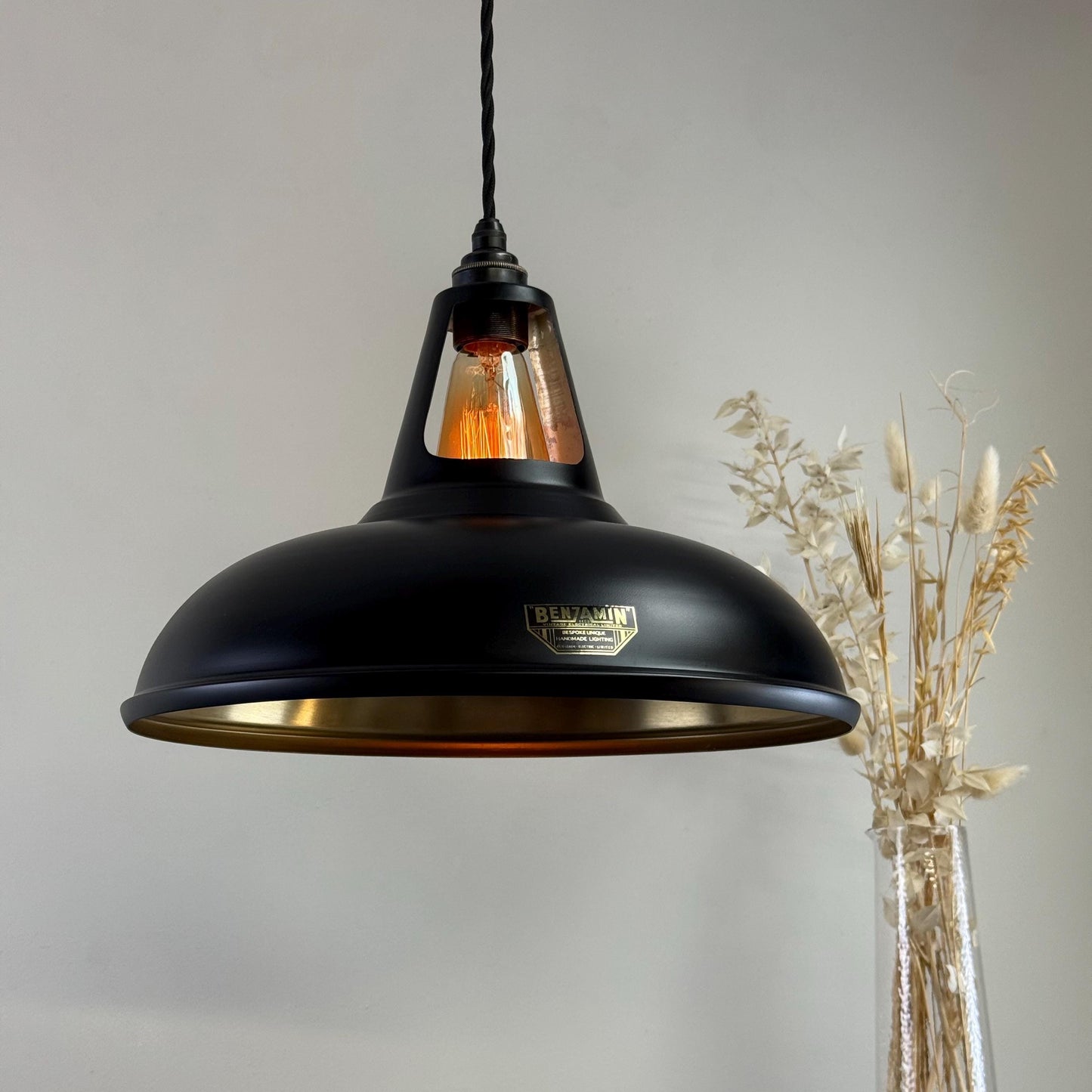 Cawston XL ~ Matt Black & Antique Brass Lampshade Slotted Design Pendant Ceiling Light ~ 14 Inch