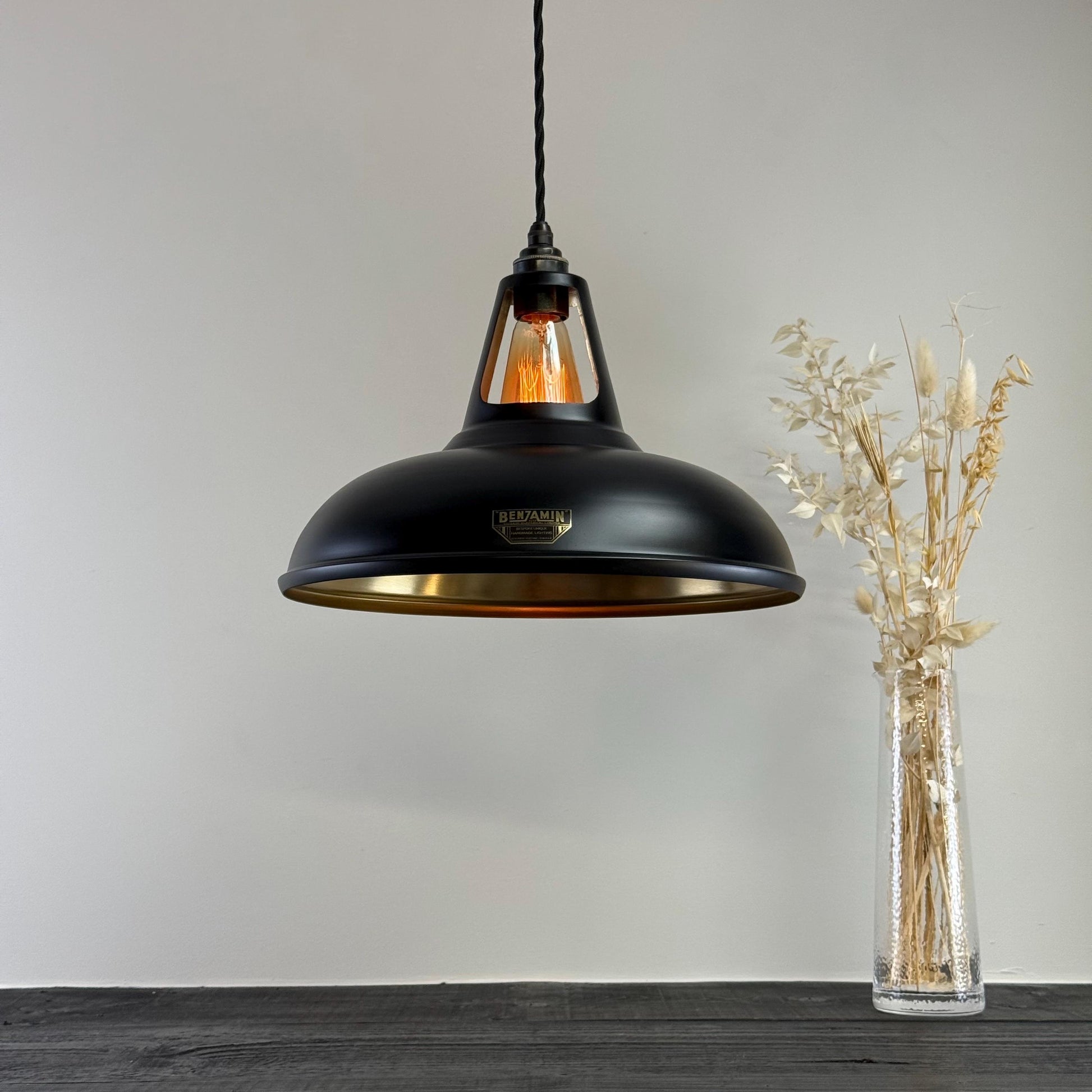 Cawston XL ~ Matt Black & Antique Brass Lampshade Slotted Design Pendant Ceiling Light ~ 14 Inch