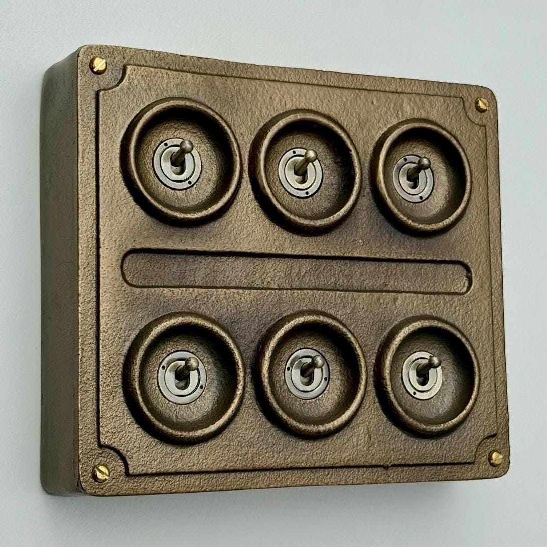 6 Gang 2 Way Antique Brass Solid Cast Metal Conduit Light Switch Industrial Vintage Crabtree