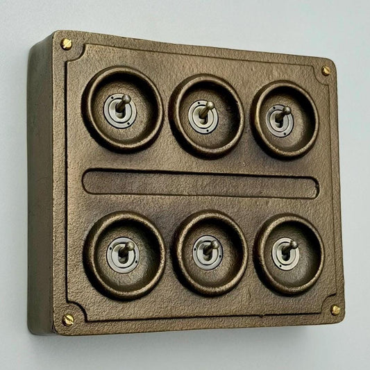 6 Gang 2 Way Antique Brass Solid Cast Metal Conduit Light Switch Industrial Vintage Crabtree