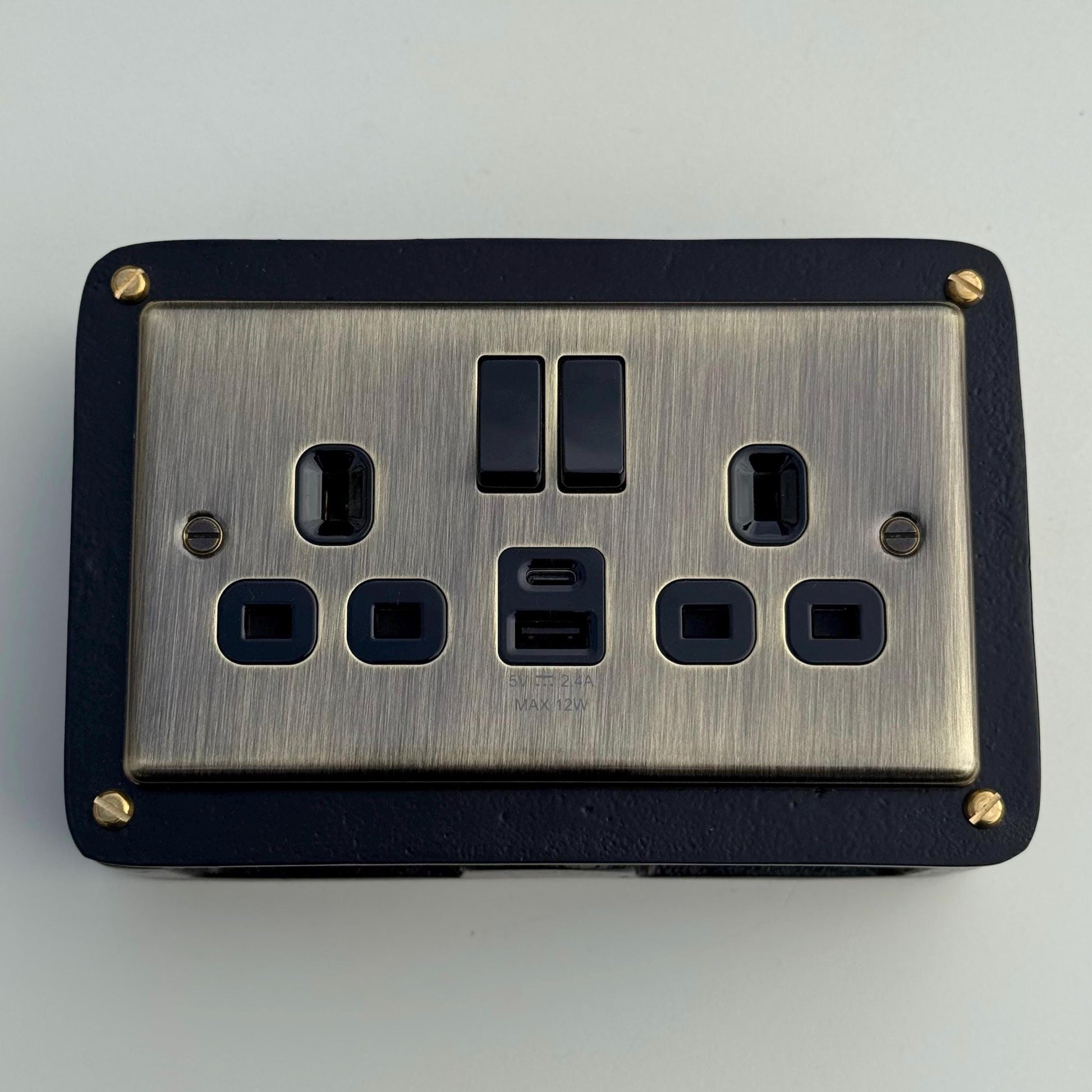 Antique Brass Double Gang Plug Socket with Industrial Black Cast Back Conduit Box