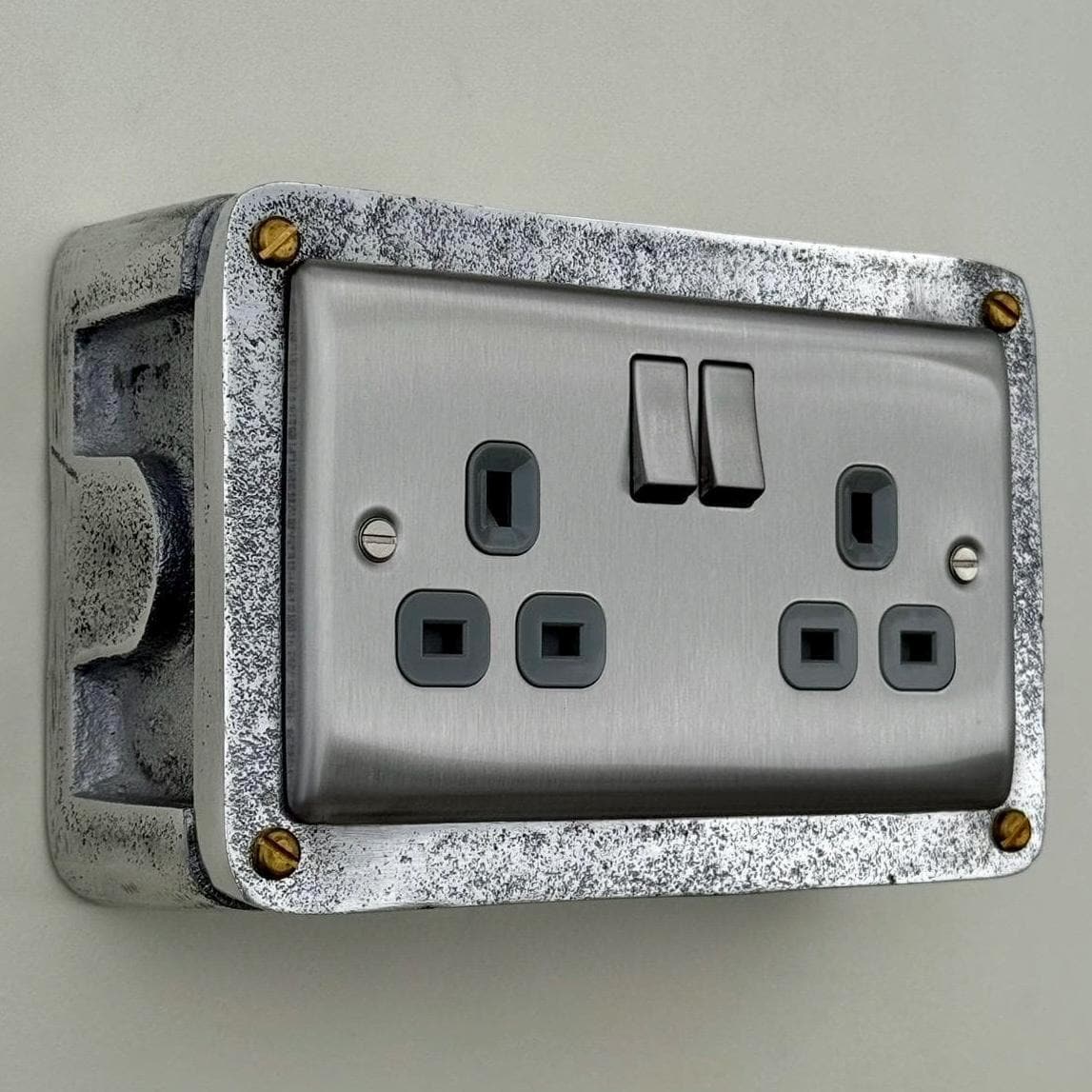 Brushed Steel Double Switched 13A Power Socket Grey Insert 230V 2 Gang 2G Socket Cast Metal Conduit Industrial