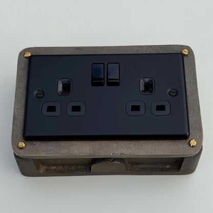 Matt Black Double Gang Plug Socket with Industrial Antique Brass Back Conduit Box