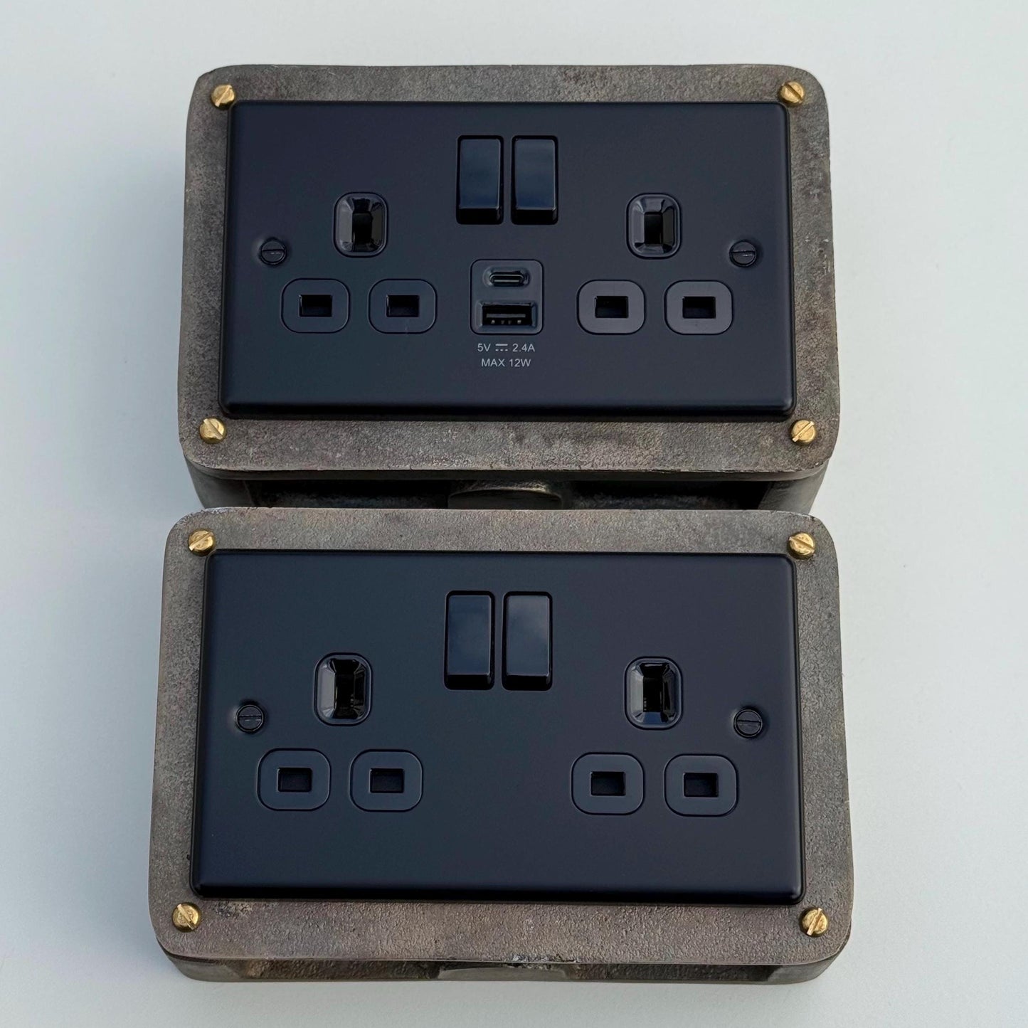 Matt Black Double Gang Plug Socket with Industrial Antique Brass Back Conduit Box