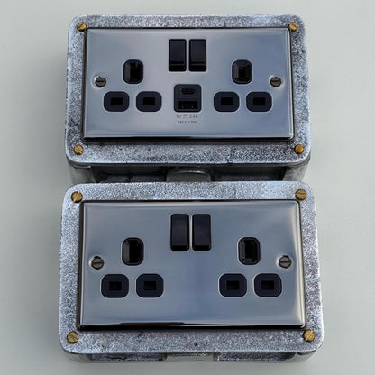 Black Nickel Double Switched 13A Power Socket 230V 13A 2 Gang 2G Solid Cast Metal Conduit Switch Industrial