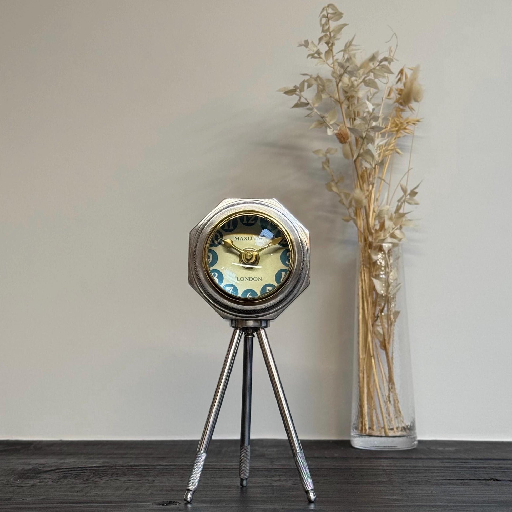 Maxlume ~ London Table Tripod Clock Polished Nickel Solid Brass Ship Nautical Vintage Industrial Decor