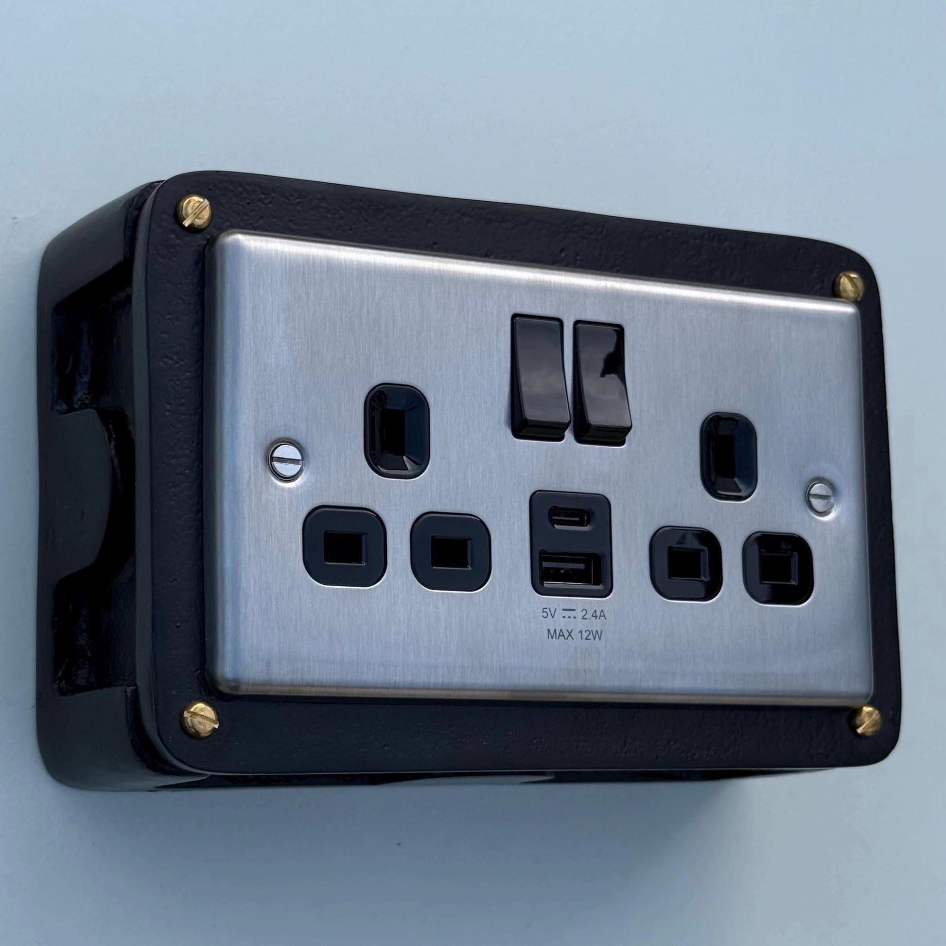 Brushed Steel Double Switched Solid Black Cast Metal Conduit 2-Gang Socket + 2.4A 12W 2 Outlet Type A & C USB Charger