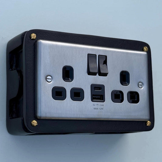 Brushed Steel Double Switched Solid Black Cast Metal Conduit 2-Gang Socket + 2.4A 12W 2 Outlet Type A & C USB Charger
