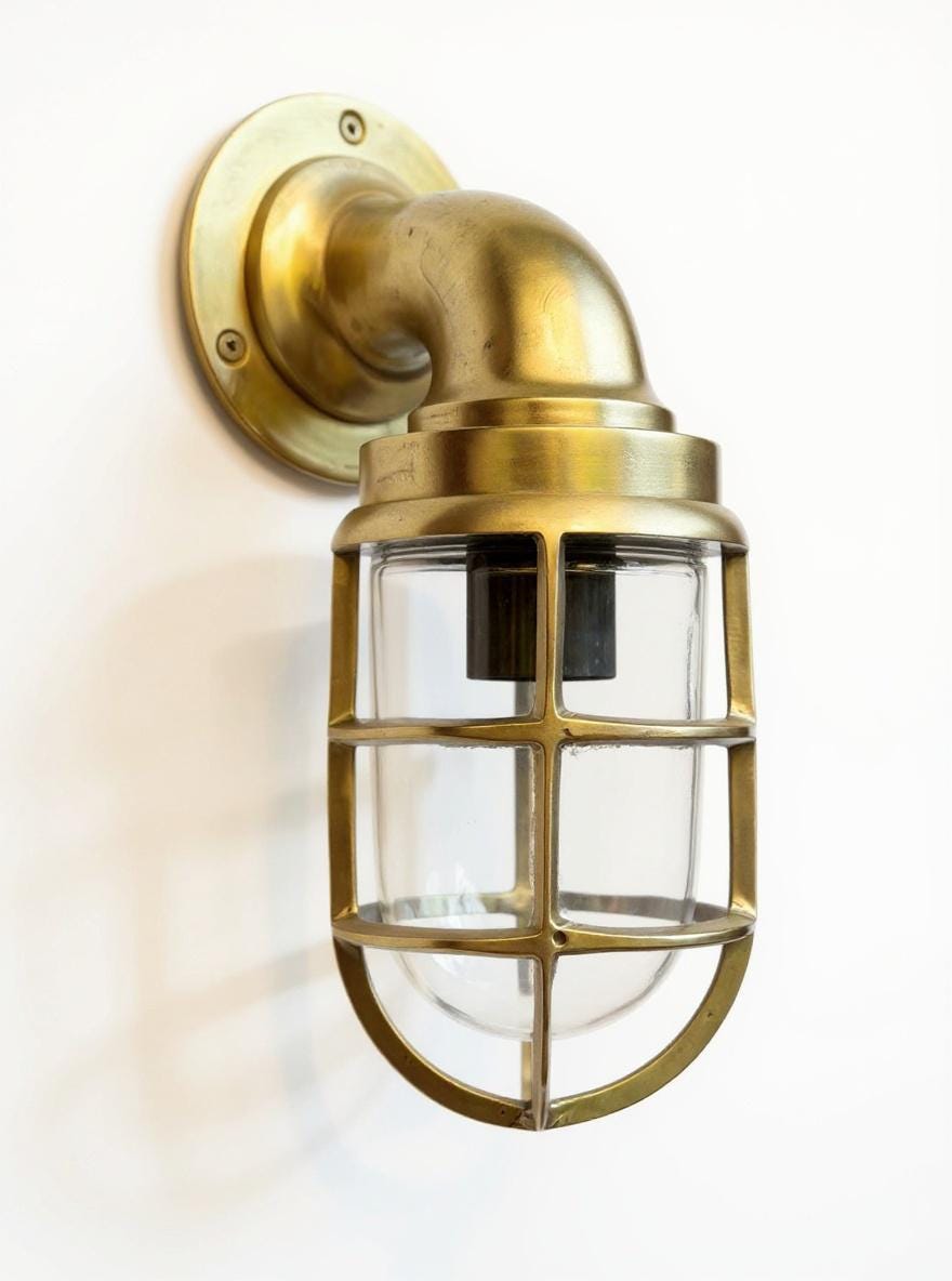 Beachamwell ~ Raw Solid Brass Sawn Neck Outdoor & Bathroom Wall Bulkhead Light ~ 10.5 Inch