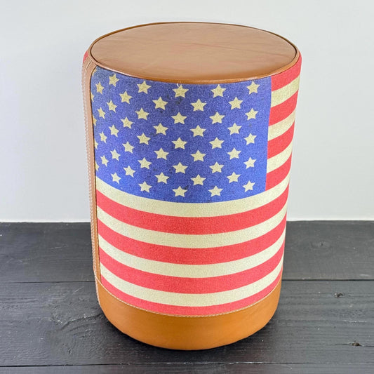 Stars & Stripes Flag Of The United States USA Pouf Solid Base Genuine Leather | Vintage Style | Floor Standing | Door Stop pouffe