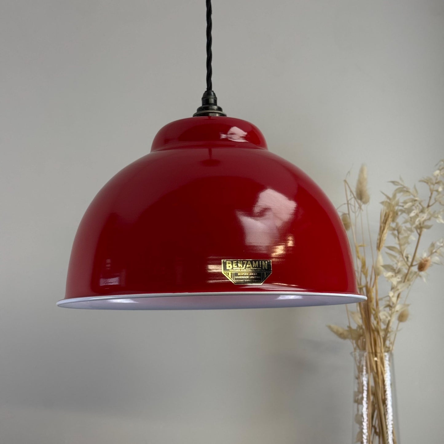 Morley XL ~ British Red RLM Deep Dome Reflector Lampshade Pendant Set Light ~ 13 Inch