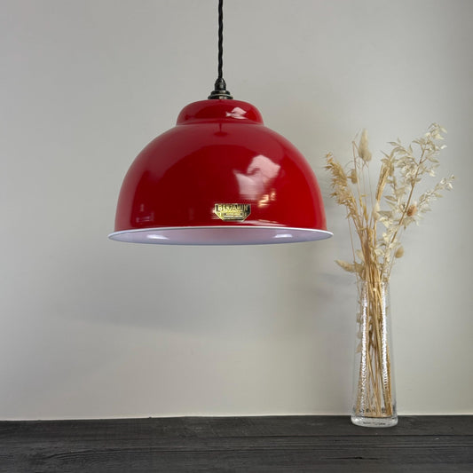 Morley XL ~ British Red RLM Deep Dome Reflector Lampshade Pendant Set Light ~ 13 Inch